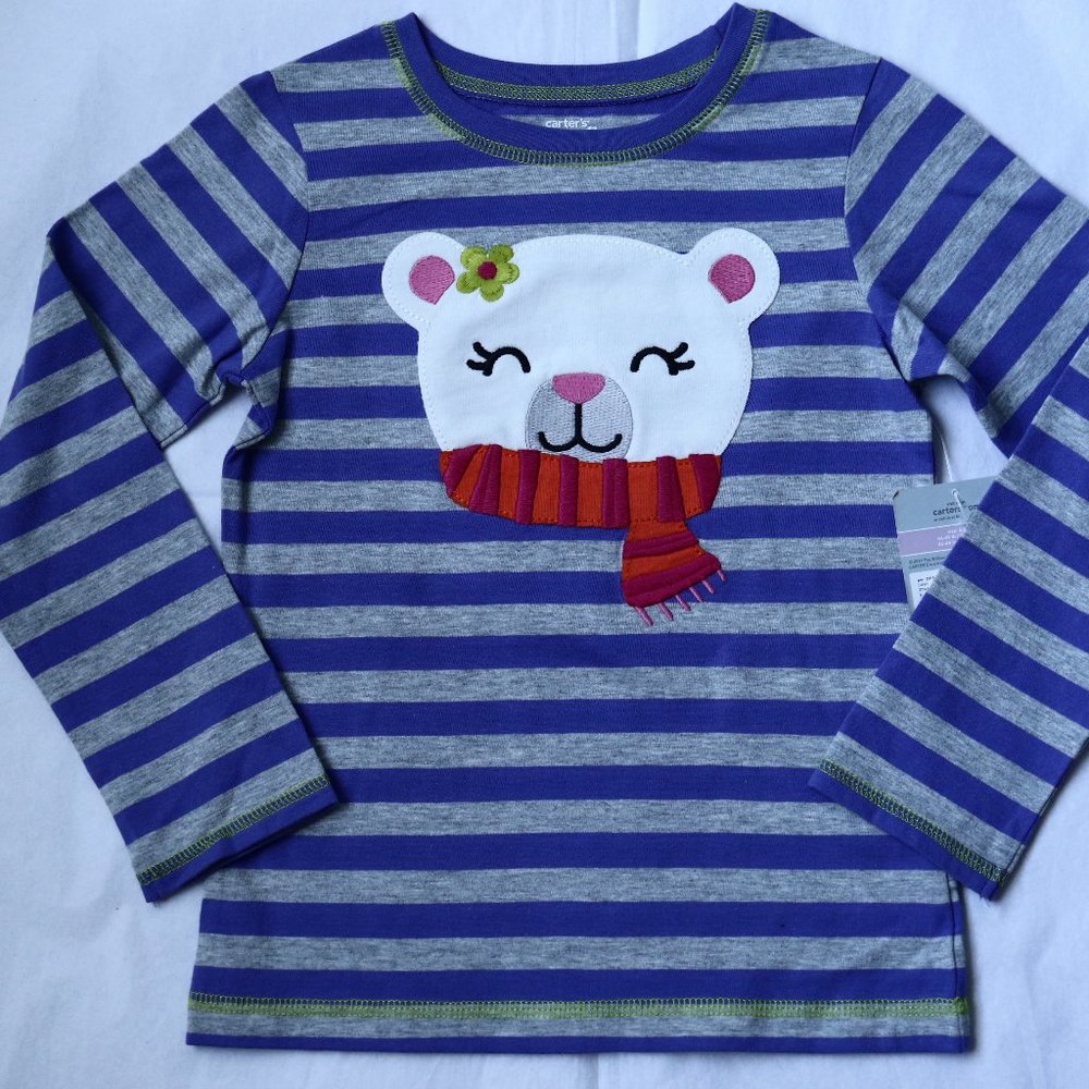 Carter`s Girls Polar Bear Purple Striped Long Sleeve T Shirt Top 100% Cotton New